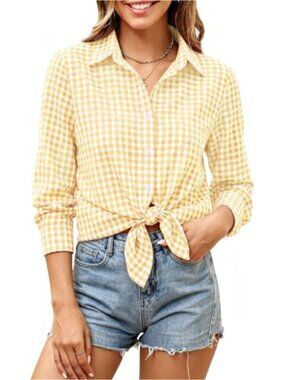 Women's Cotton Slim Fit Checkered Button Down Blouse Office Shirt